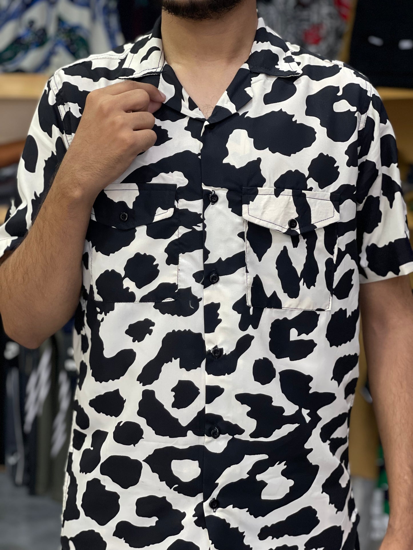 Men’s Summer Tracksuit – Cotton + Linen | 2-Pocket Shirt | White Black Print