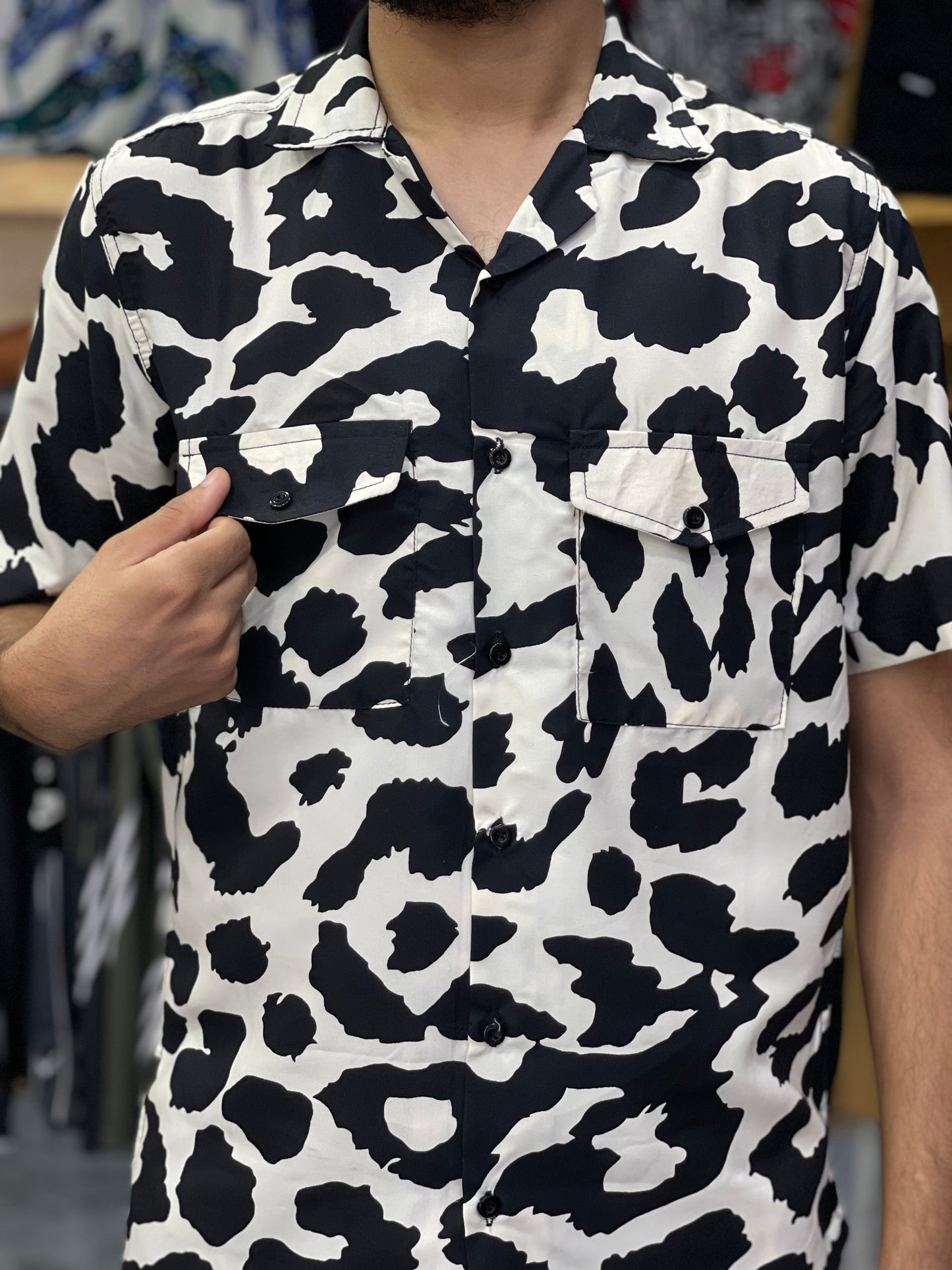 Men’s Summer Tracksuit – Cotton + Linen | 2-Pocket Shirt | White Black Print
