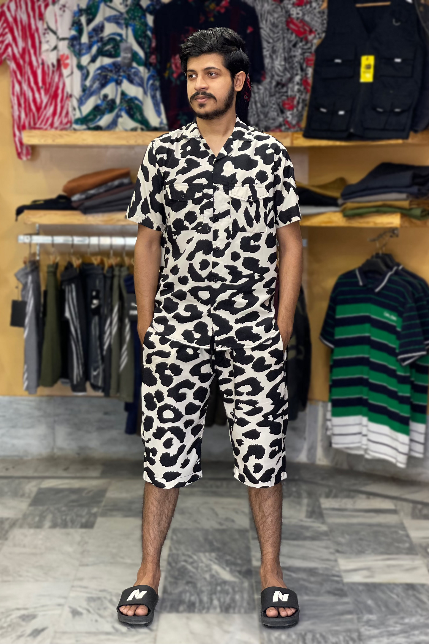 Men’s Summer Tracksuit – Cotton + Linen | 2-Pocket Shirt | White Black Print